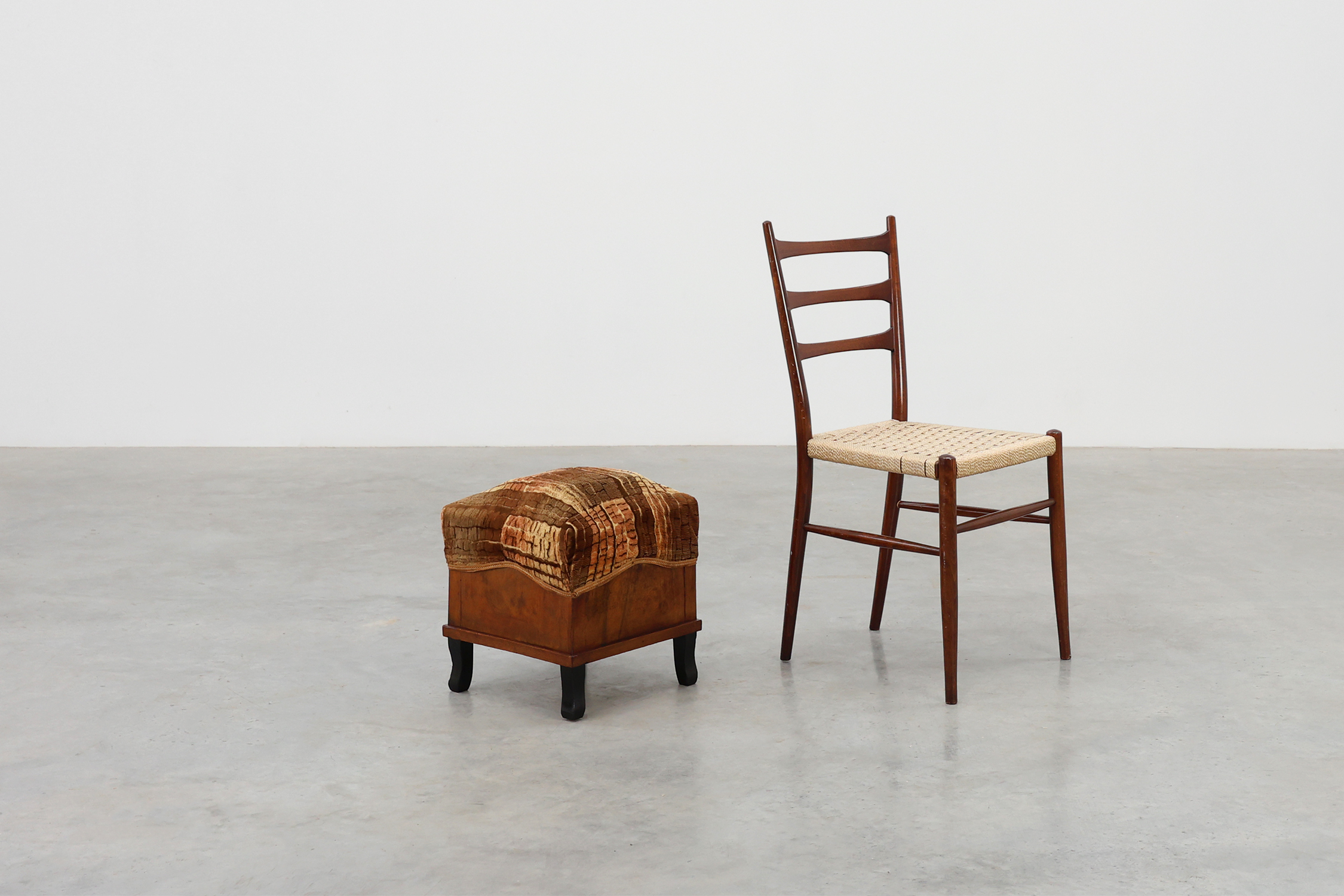 Pair Art Deco walnut stools with original velvet upholstery, Italy 1920sthumbnail